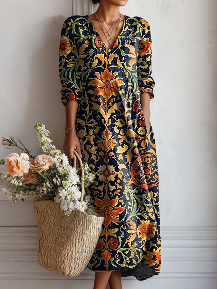 Women's Navy Boho Midi Dress with V-Neck and Relaxed Fit 0