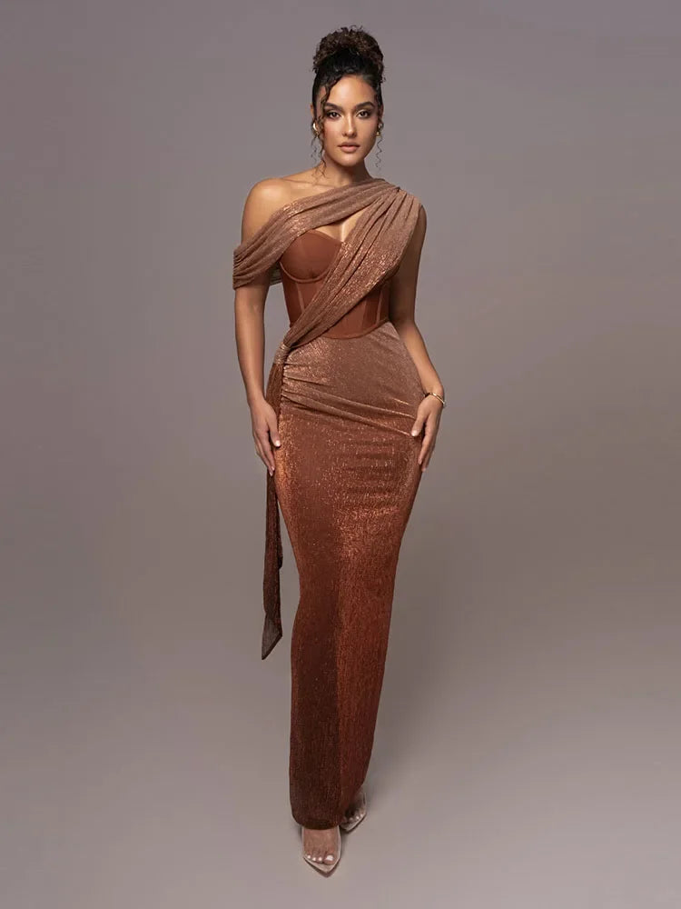 Women's One-Shoulder Maxi Dress for Formal Events - Elegant Bodycon Fit 0