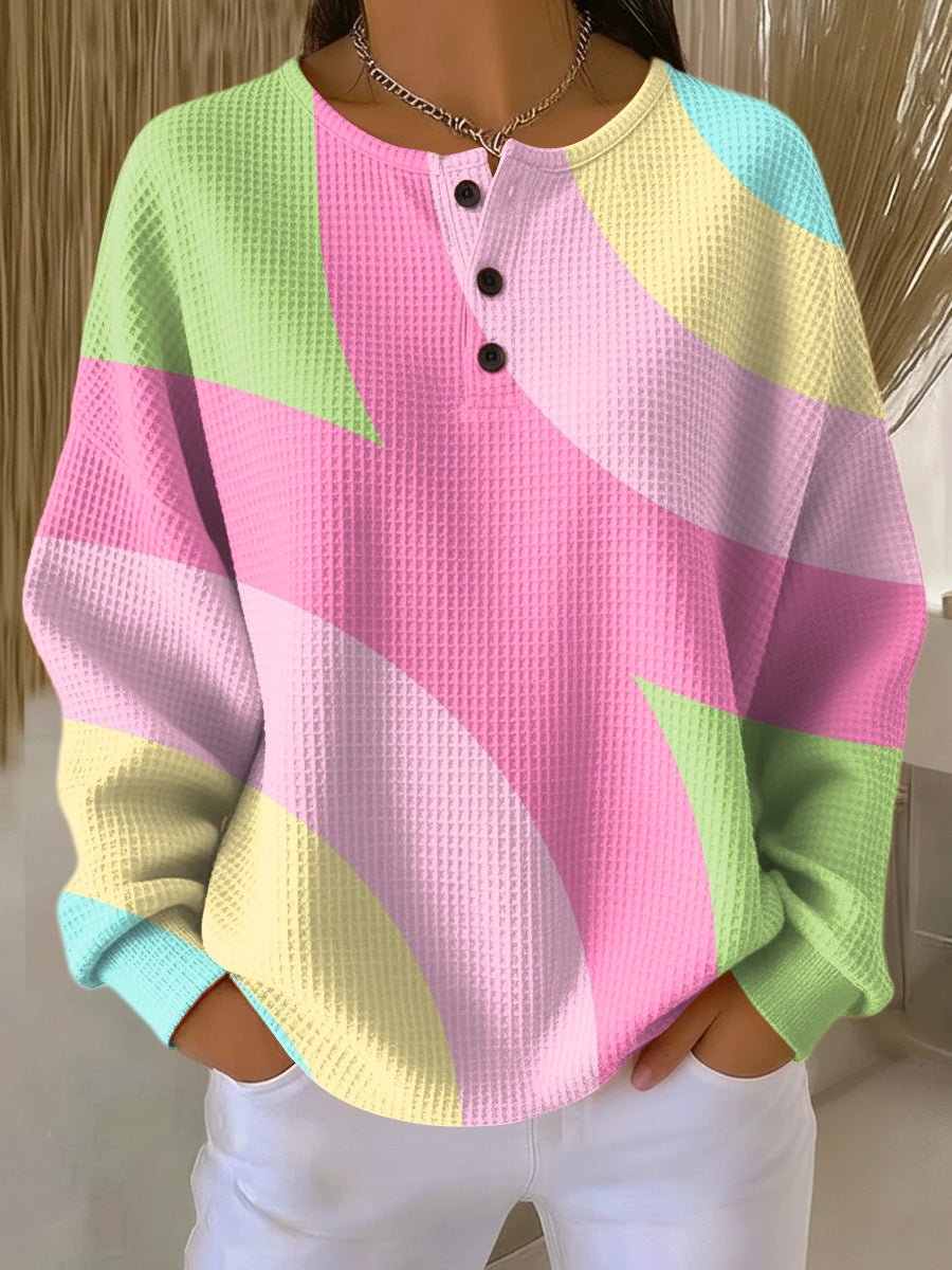 Women's Pastel Colour Block Waffle Knit Henley Pullover Sweater Long Sleeve Top 0