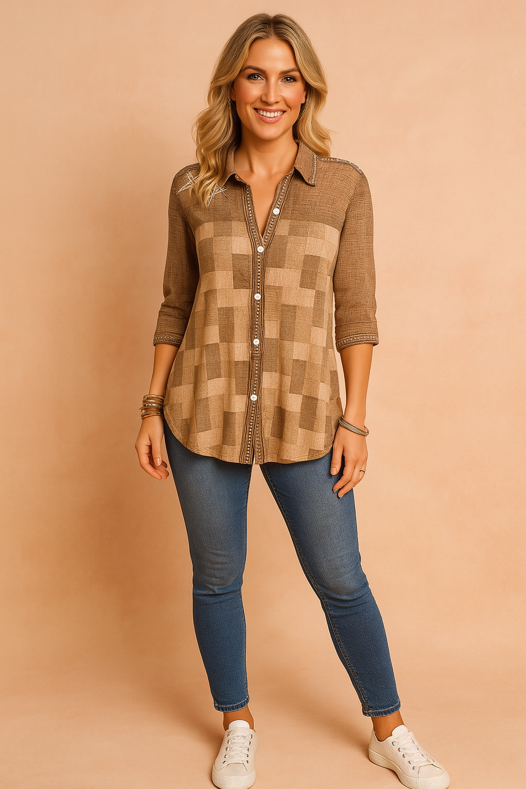 Women's Patchwork Blouse with 3/4 Sleeves and Classic Collar - Versatile White Blouse for Casual and Professional Wear 0