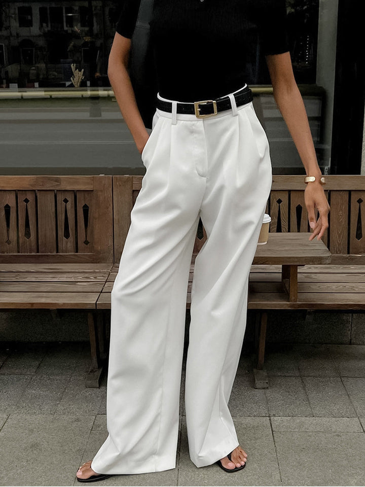 Women's Pleated Front Wide Leg Pants with Belt Elegant Tailored Trousers 1