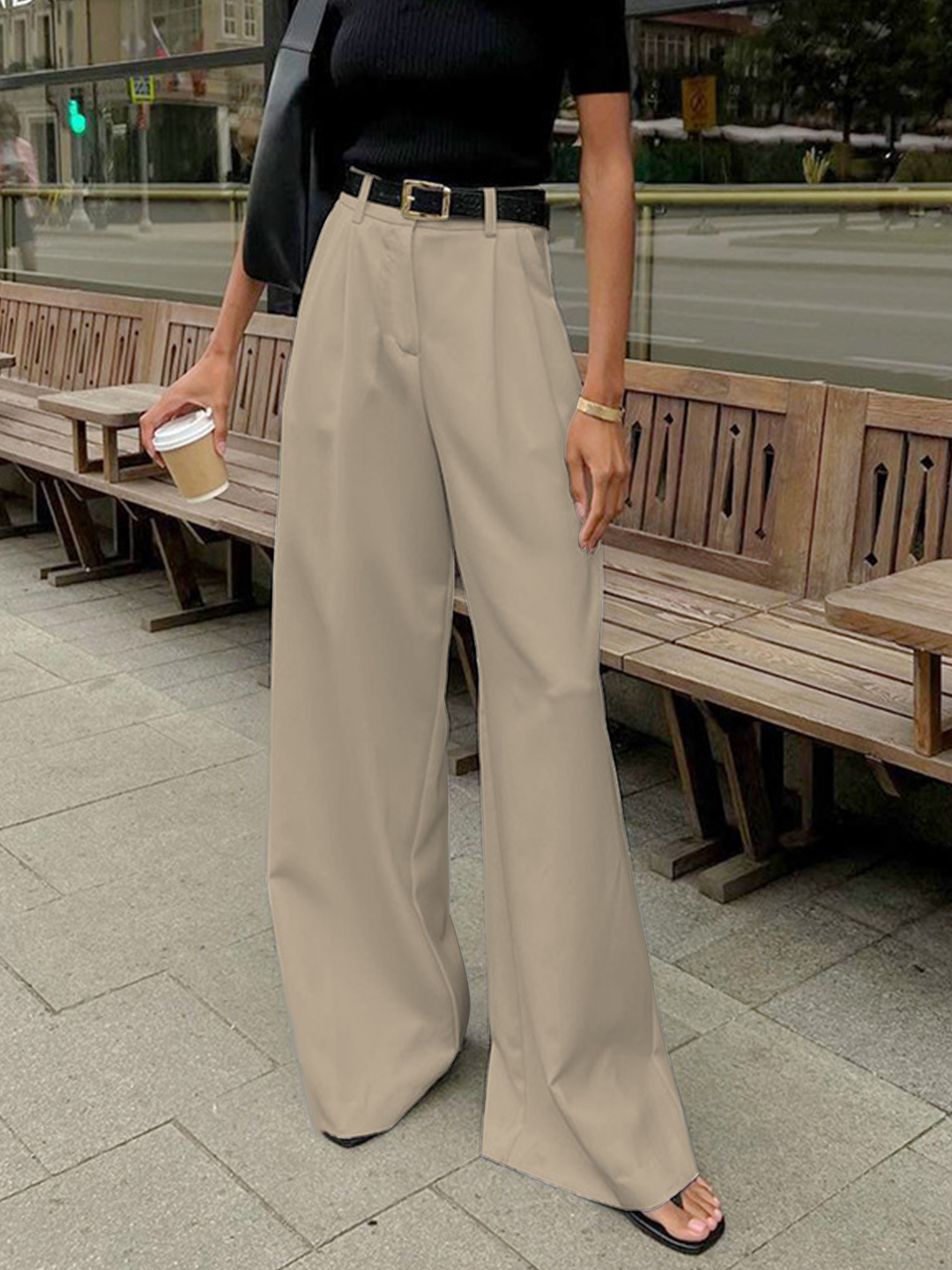 Women's Pleated Front Wide Leg Pants with Belt Elegant Tailored Trousers 4