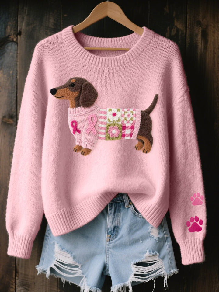 Women's Relaxed-Fit Knit Sweater with Embroidered Dachshund Patchwork 0