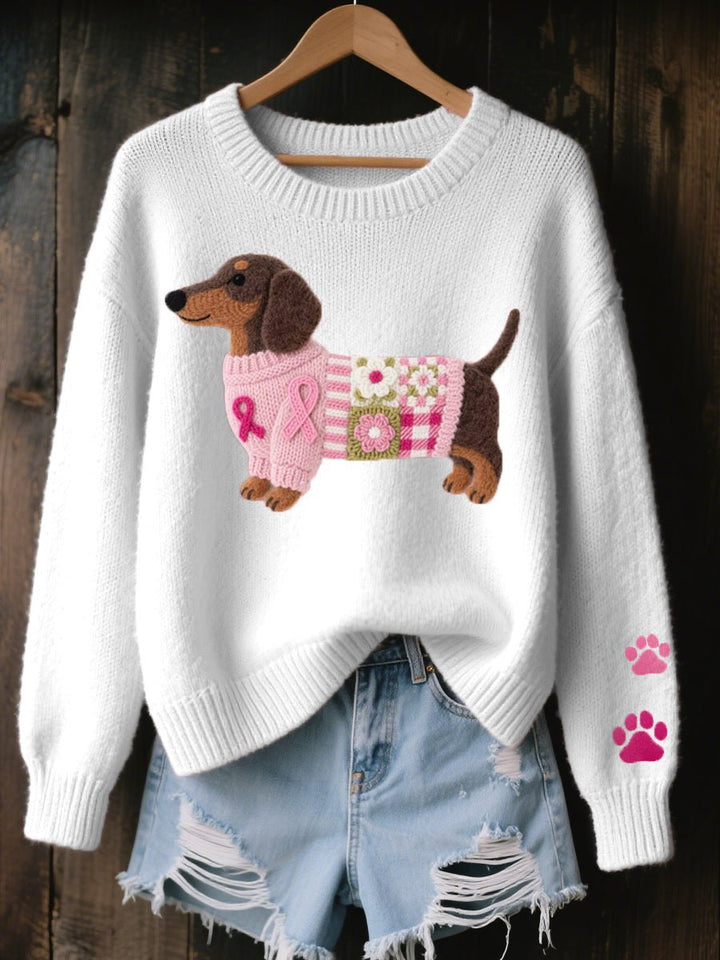 Women's Relaxed-Fit Knit Sweater with Embroidered Dachshund Patchwork 2