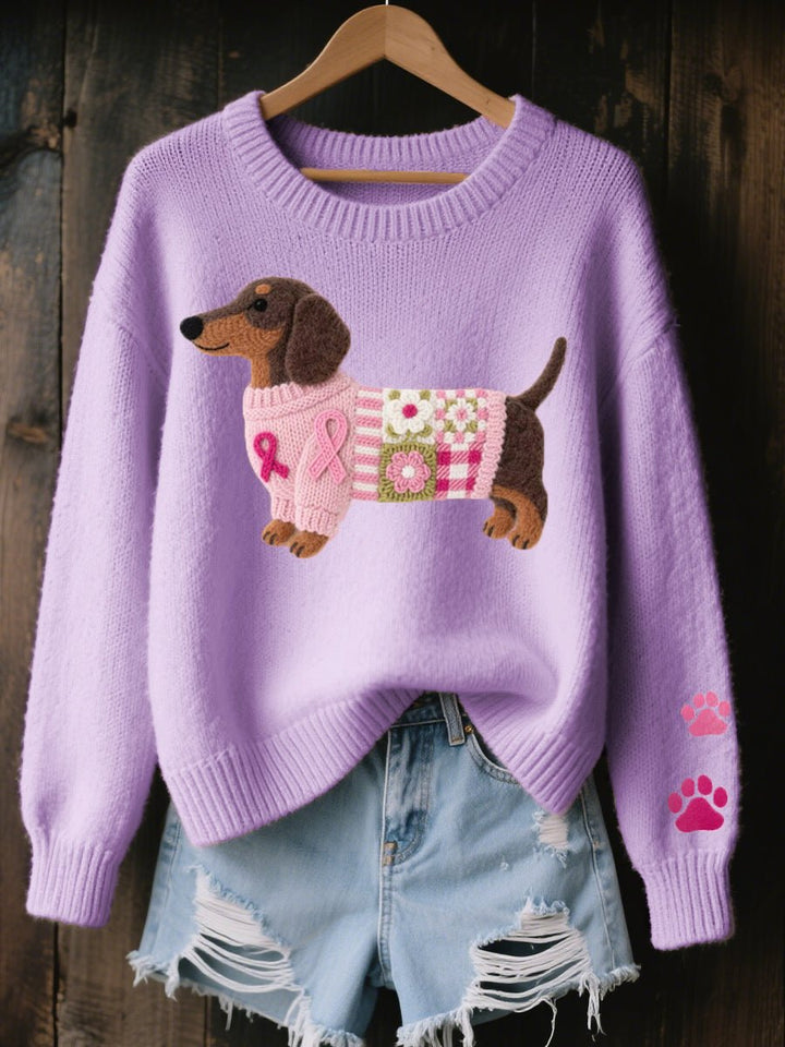 Women's Relaxed-Fit Knit Sweater with Embroidered Dachshund Patchwork 3