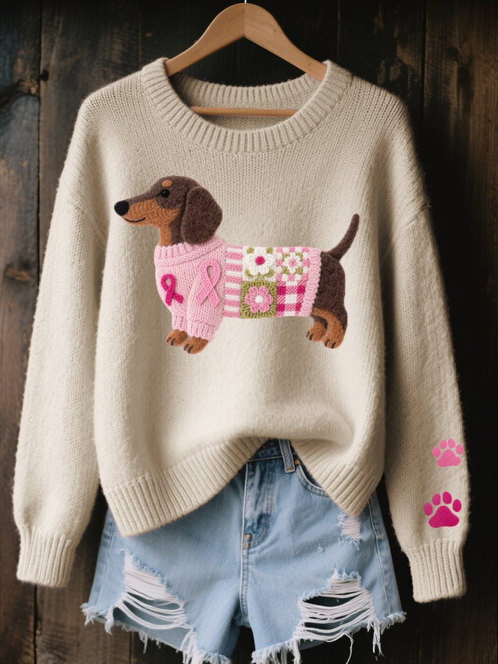 Women's Relaxed-Fit Knit Sweater with Embroidered Dachshund Patchwork 4