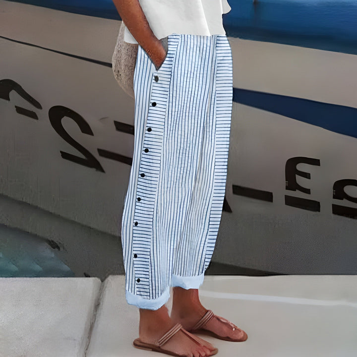 Women's Relaxed-Fit Striped Trousers with Side Pockets Elastic Waistband 0