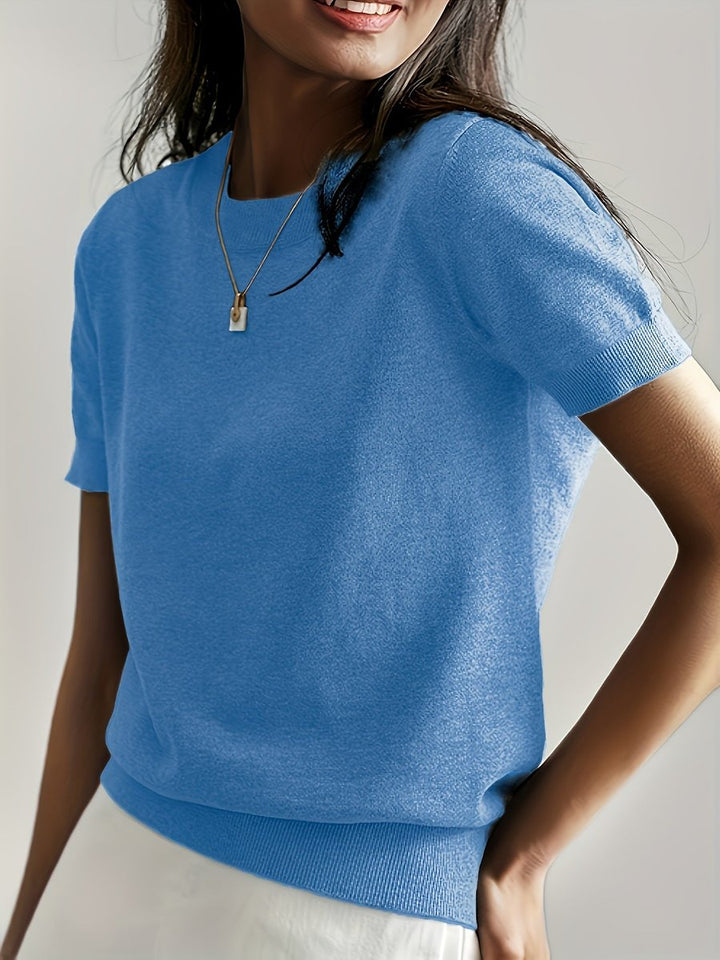 Women's Relaxed Fit Short Sleeve Knit Sweater Top with Crew Neck 0
