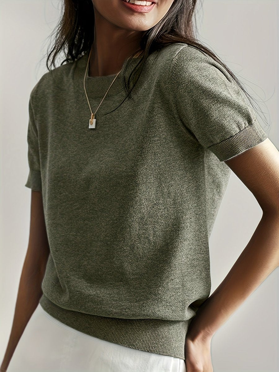 Women's Relaxed Fit Short Sleeve Knit Sweater Top with Crew Neck 1