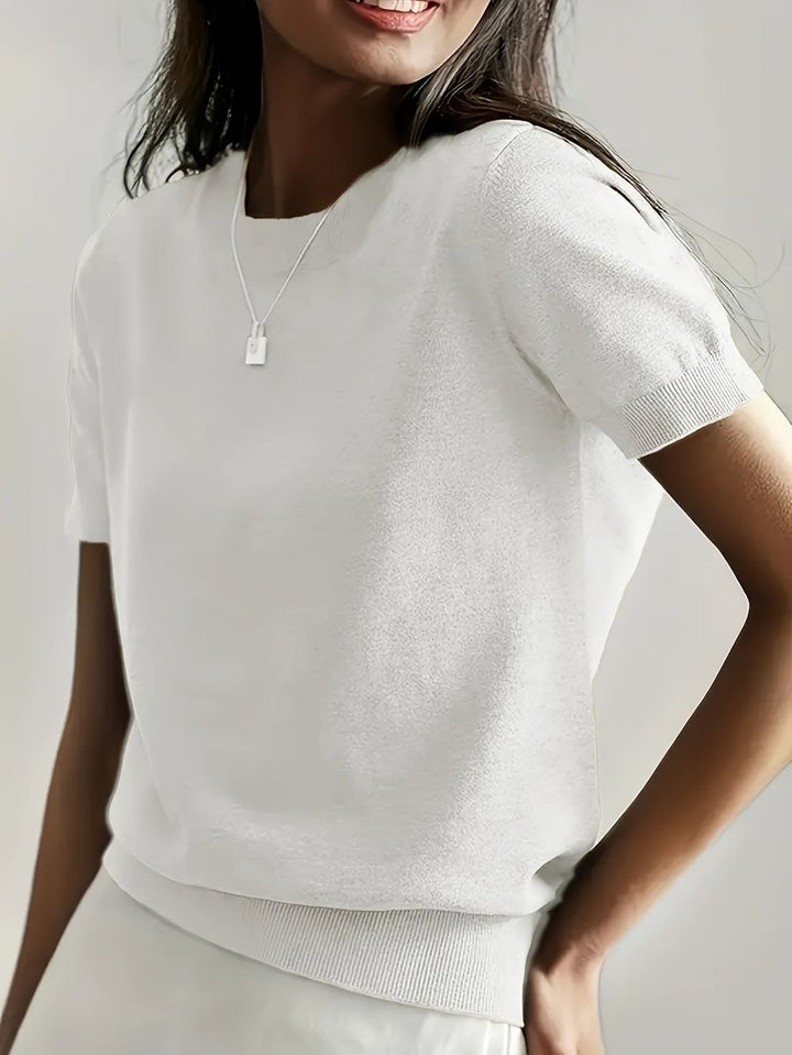 Women's Relaxed Fit Short Sleeve Knit Sweater Top with Crew Neck 6