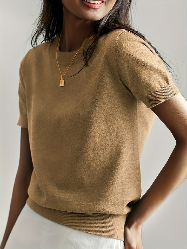 Women's Relaxed Fit Short Sleeve Knit Sweater Top with Crew Neck 9