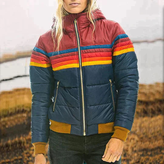 Women’s Retro Winter Jacket with Hooded Striped Design for Cold Weather 1