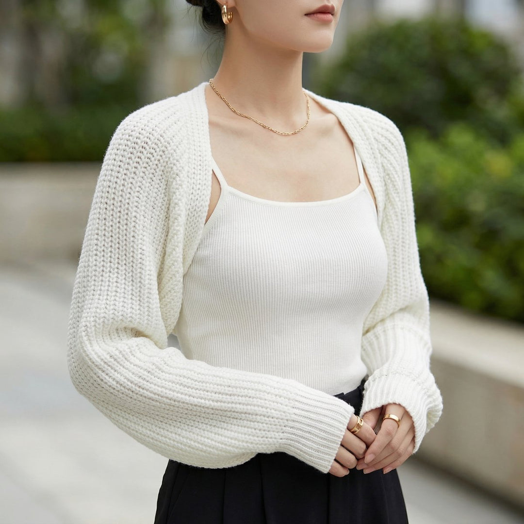 Women's Ribbed Knit Cropped Shrug Jumper with Raglan Sleeves 0