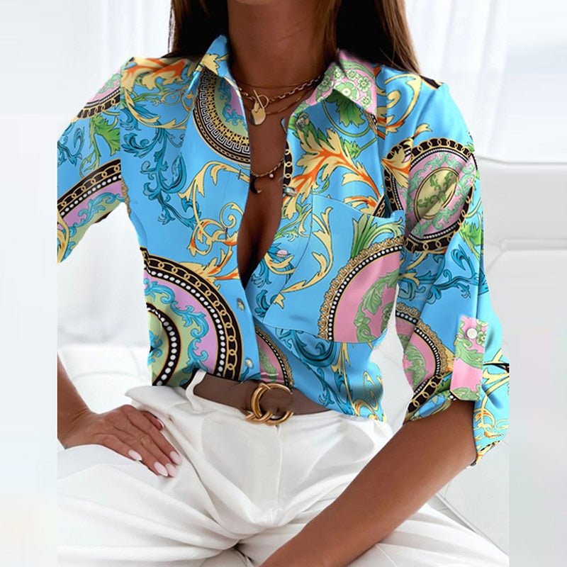 Women's Slim Fit Lapel Neck Graphic Print Blouse for Office and Casual Wear 6