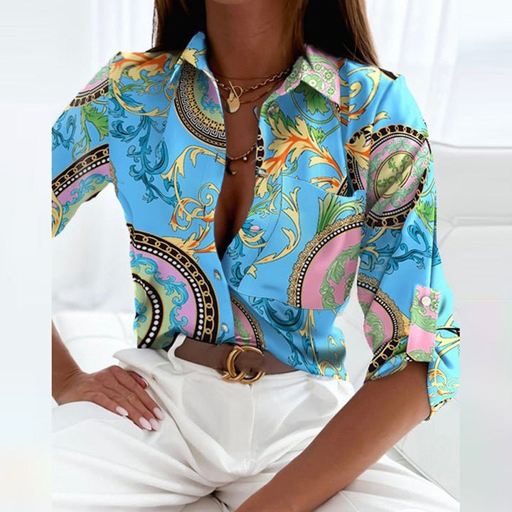 Women's Slim Fit Lapel Neck Graphic Print Blouse for Office and Casual Wear 6