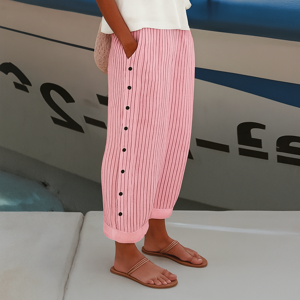 Women's Striped Casual Trousers with Button Details for Summer Style 3