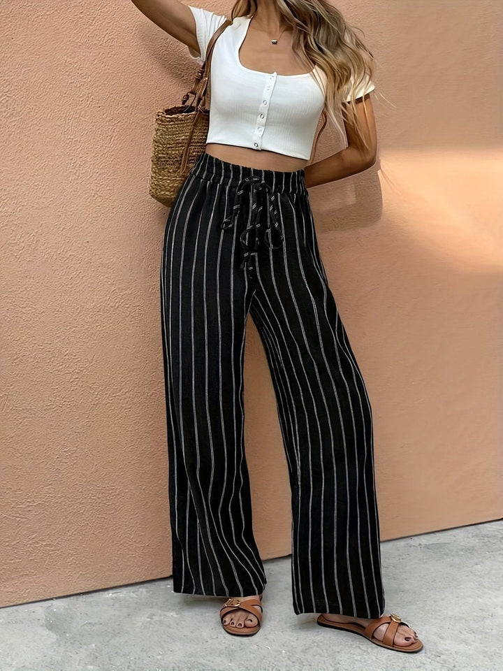 Women's Striped Wide Leg Pants with Elastic Drawstring Waistband Summer Trousers 2