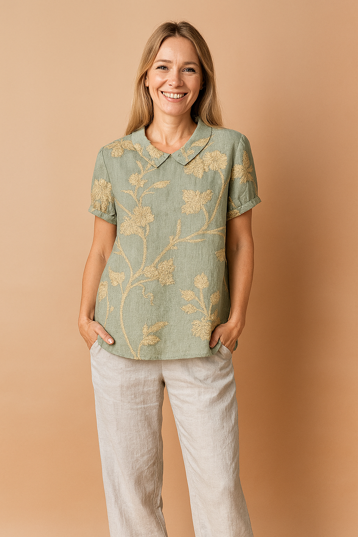 Women's Summer Blouse with Decorative Collar and Subtle Pattern - Elegant Lightweight Tops for Women 0