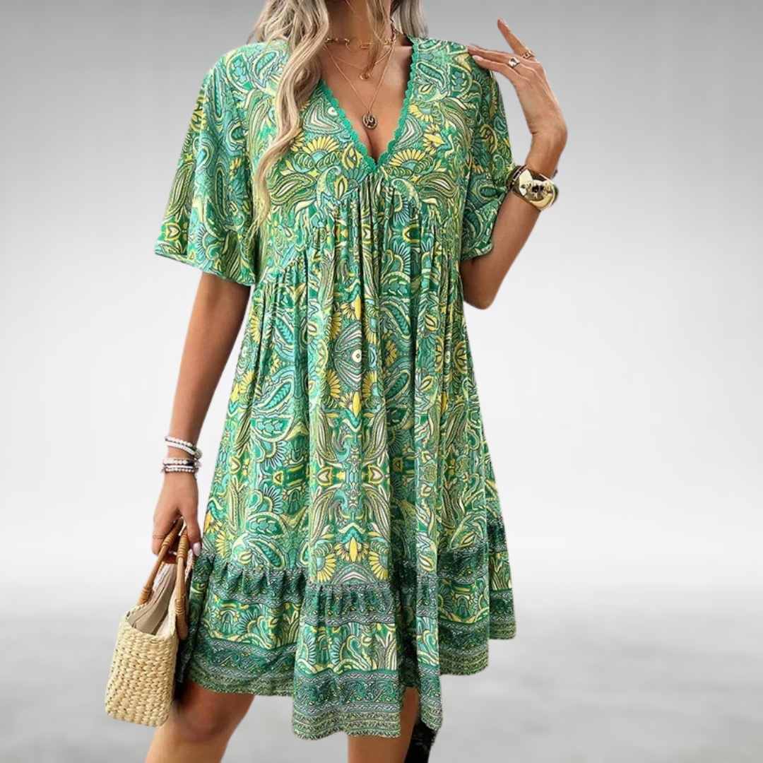 Women's Summer Boho Printed V Neck Mini Dress - Casual Dresses for Warm Weather Outings 0