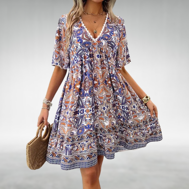 Women's Summer Boho Printed V Neck Mini Dress - Casual Dresses for Warm Weather Outings 1