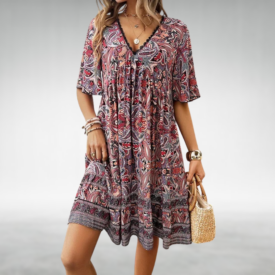 Women's Summer Boho Printed V Neck Mini Dress - Casual Dresses for Warm Weather Outings 2