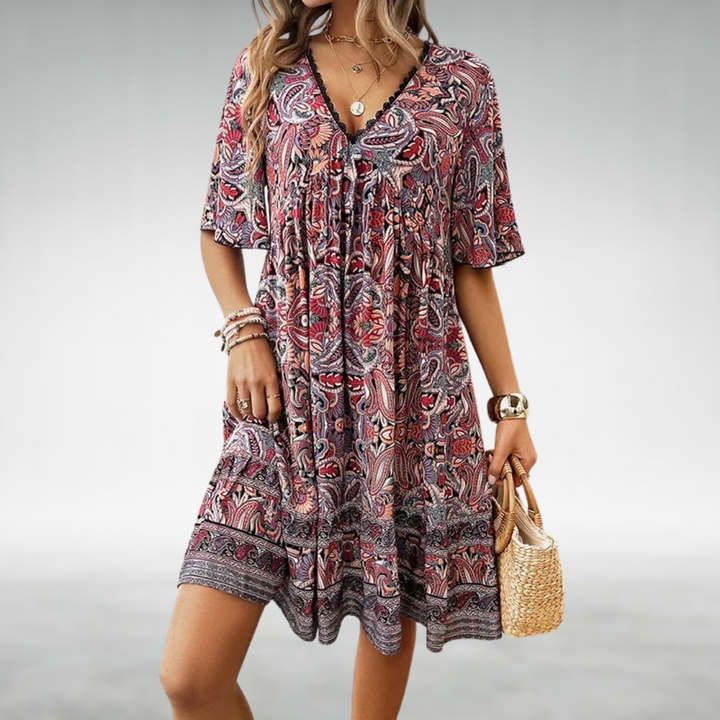 Women's Summer Boho Printed V Neck Mini Dress - Casual Dresses for Warm Weather Outings 2