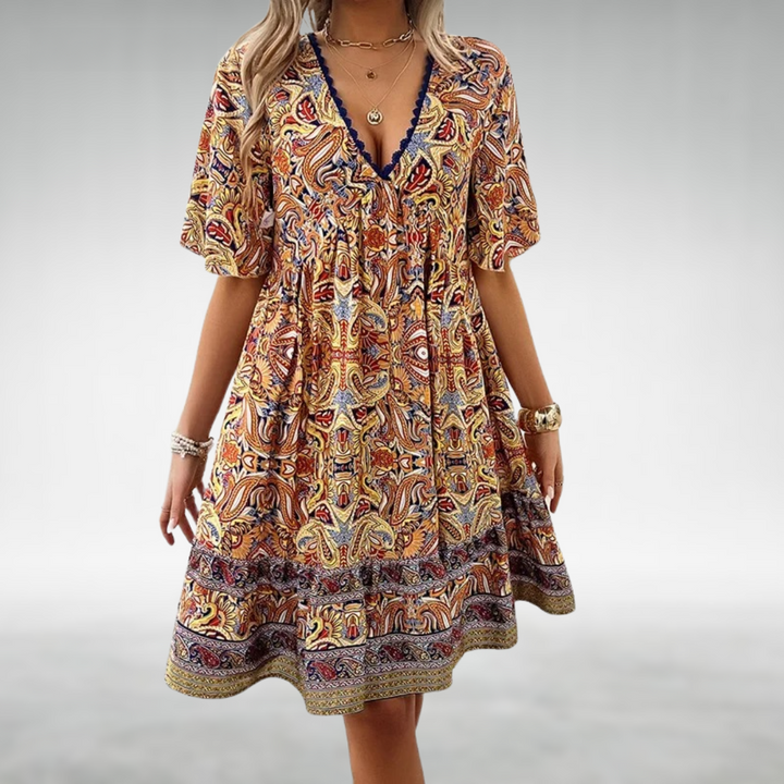 Women's Summer Boho Printed V Neck Mini Dress - Casual Dresses for Warm Weather Outings 3