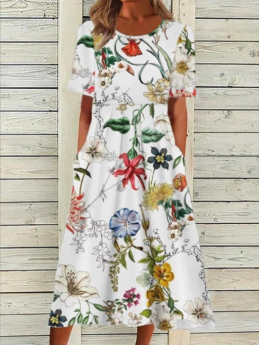 Women's Summer Dresses - Floral A-Line Midi Dress for Effortless Elegance 8