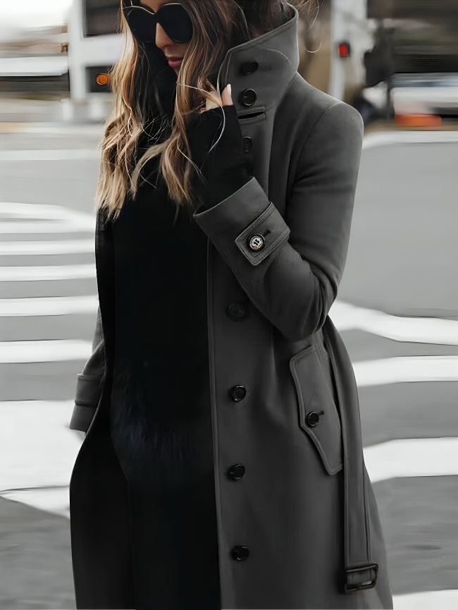 Women's Trench Coat - High Collar Button Winter Coat for Sophisticated Style 0