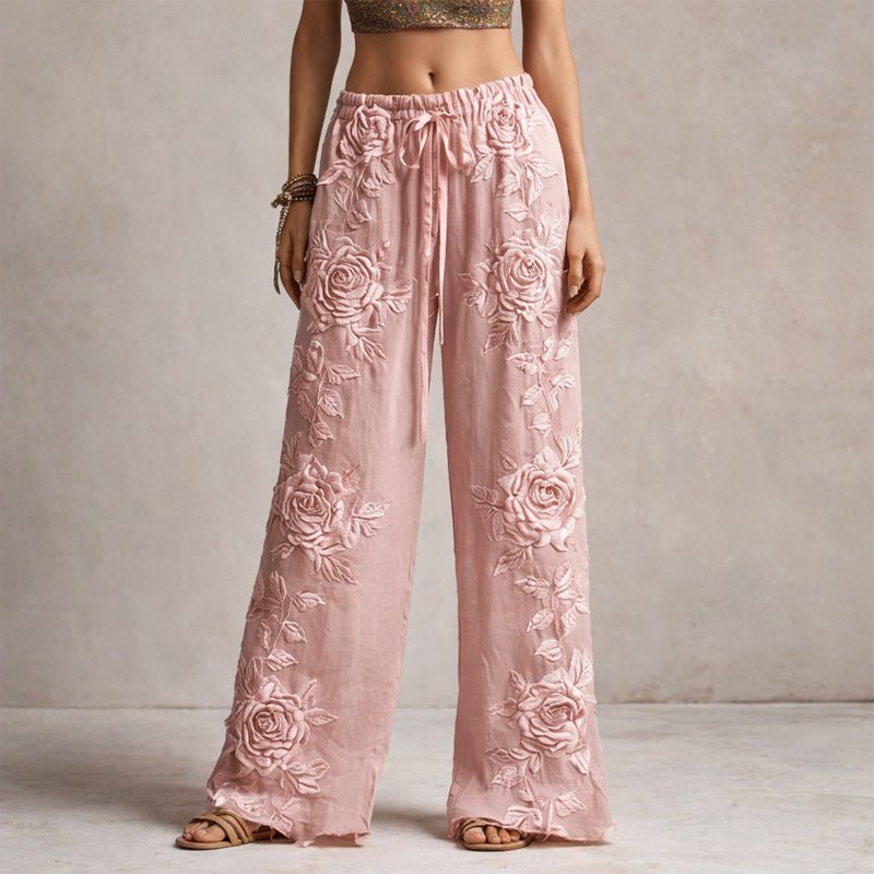Women's Wide Leg Trousers, Flowy Palazzo Pants with Floral Embroidery, Adjustable Drawstring Waist 0
