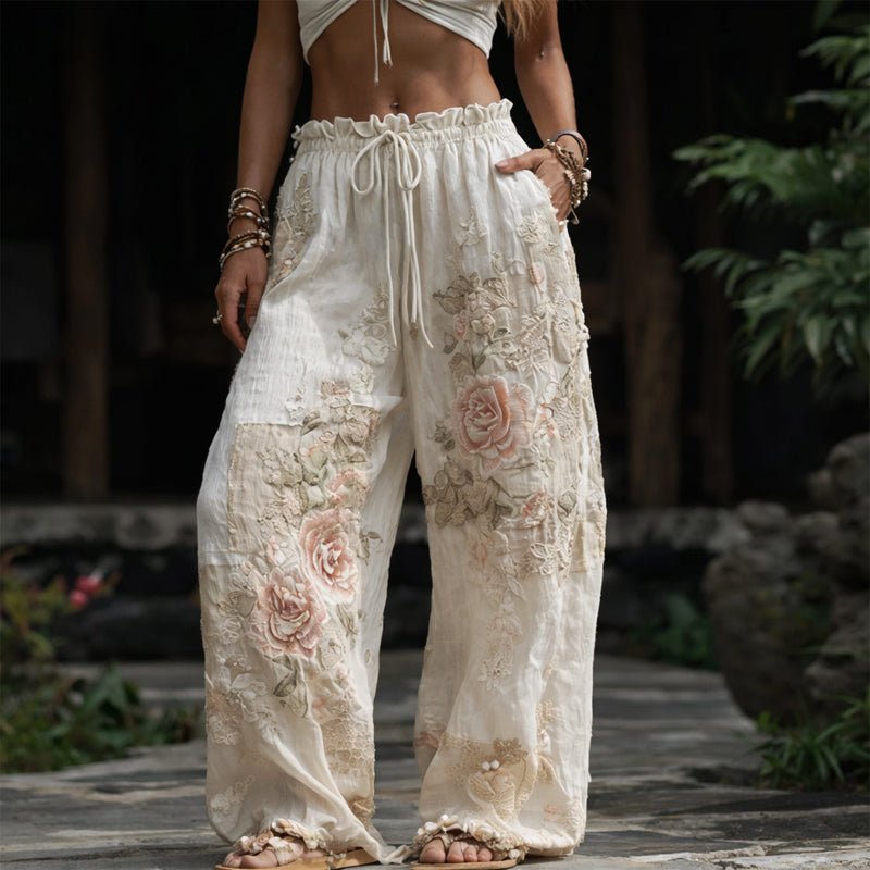 Women's Wide Leg Trousers, Flowy Palazzo Pants with Floral Embroidery, Adjustable Drawstring Waist 1