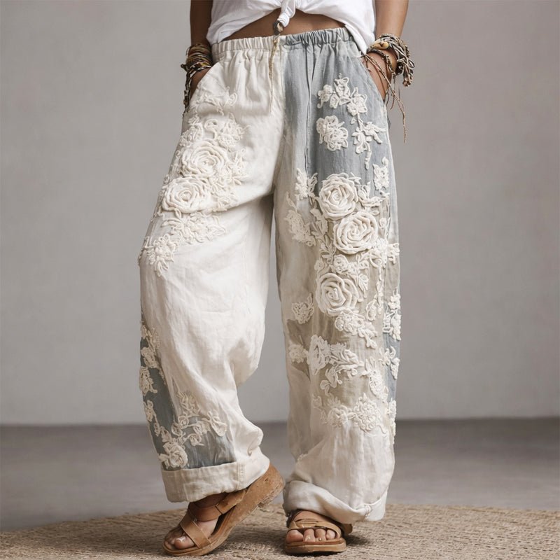 Women's Wide Leg Trousers, Flowy Palazzo Pants with Floral Embroidery, Adjustable Drawstring Waist 4