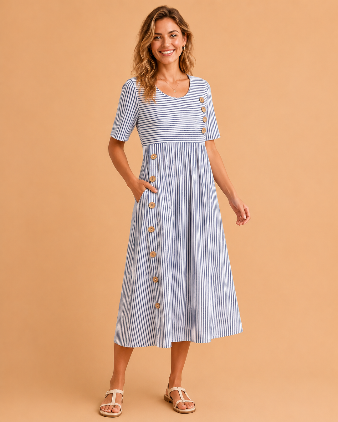 Womens Striped Midi Dress for Summer Casual Wear - Flattering Fit and Comfortable Style