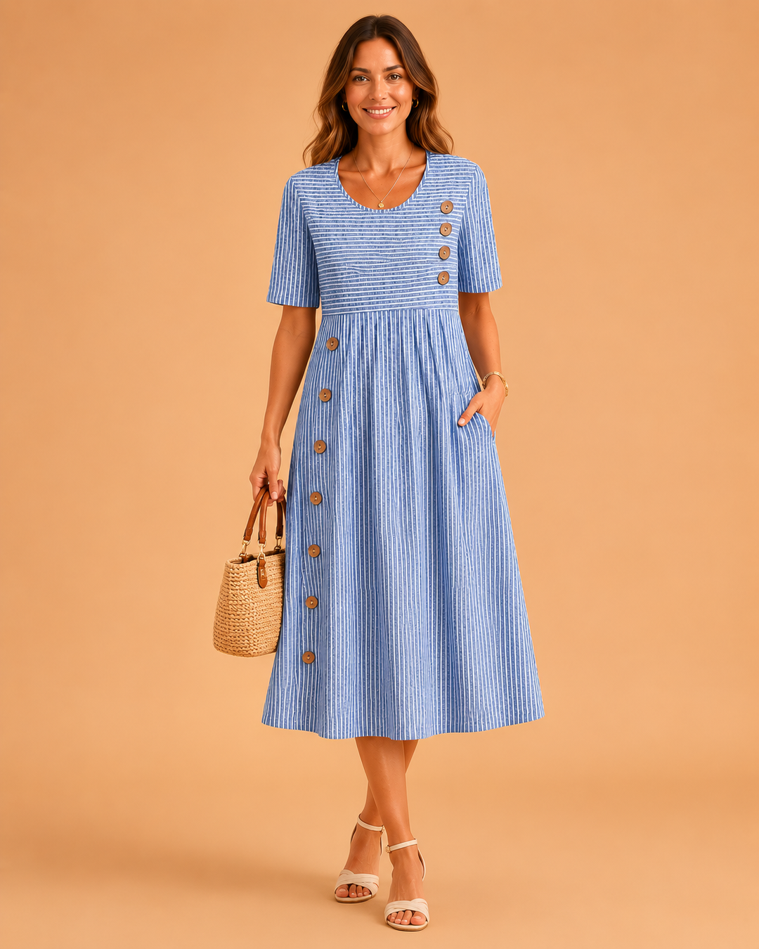 Womens Striped Midi Dress for Summer Casual Wear - Flattering Fit and Comfortable Style