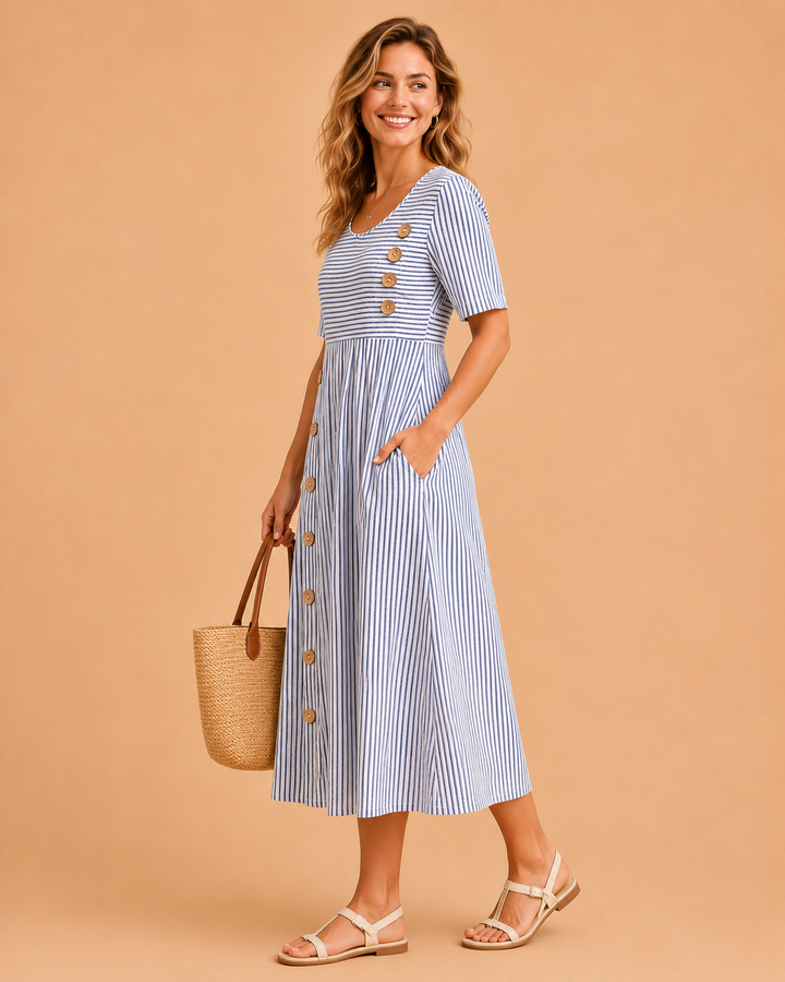 Womens Striped Midi Dress for Summer Casual Wear - Flattering Fit and Comfortable Style