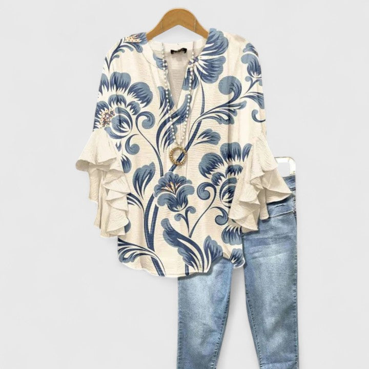 Womens Blouse - Elegant Floral Summer Top with Ruffled Sleeves, Lightweight and Versatile for Warm Weather 0