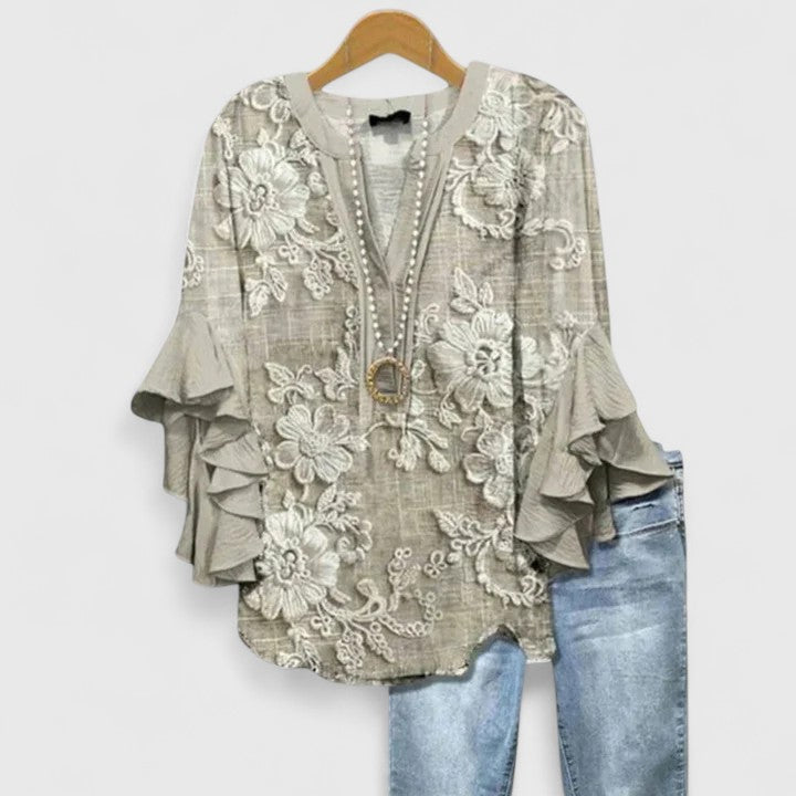 Womens Blouse - Elegant Floral Summer Top with Ruffled Sleeves, Lightweight and Versatile for Warm Weather 1