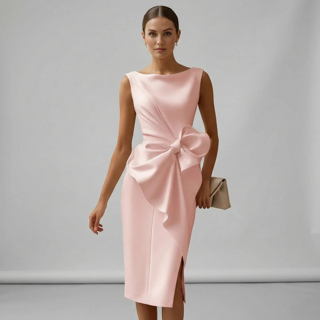 Womens Dress - Elegant Sleeveless Midi Cocktail Dress with Bow - Perfect Wedding Guest & Formal Dresses 0