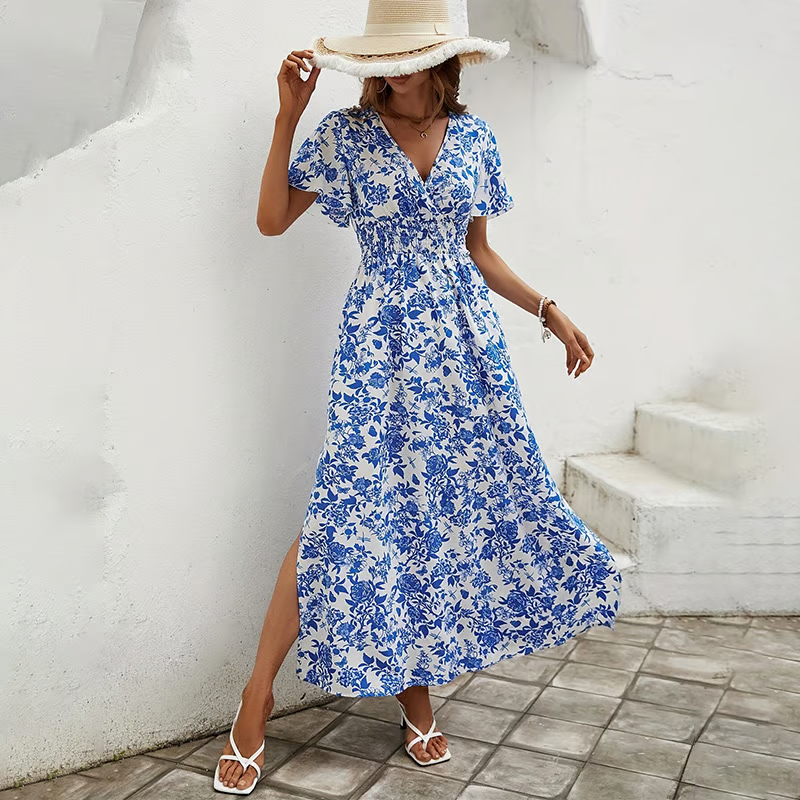 Womens Floral V Neck Maxi Dress - Elegant Summer Dresses for Warm Days 0