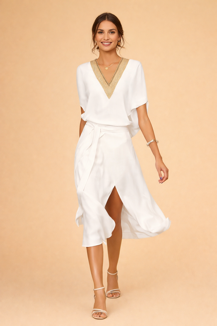 Womens White Midi Dress - Elegant Minimalist V-Neck Summer Dress for Versatile Styling 0