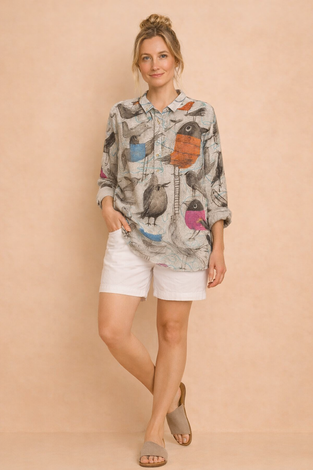Hannah | Whimsical Bird Print Button-Up Tunic Top