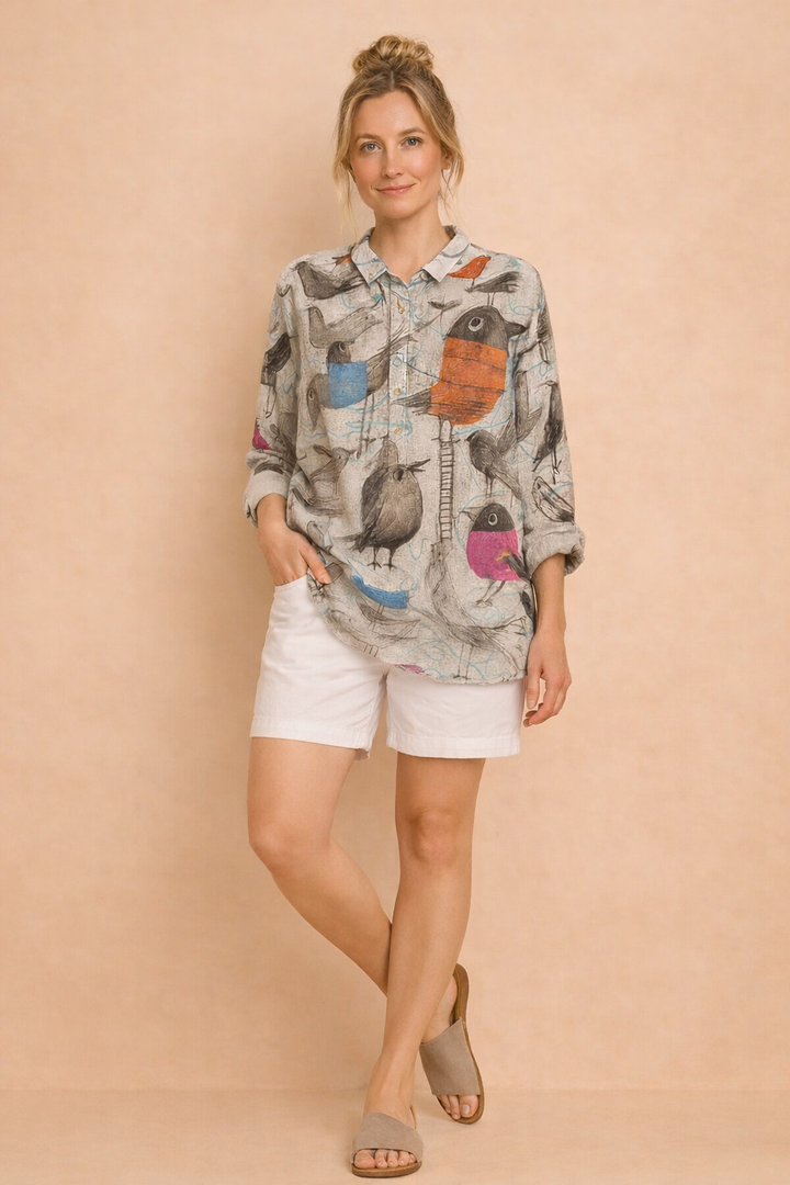Hannah | Whimsical Bird Print Button-Up Tunic Top