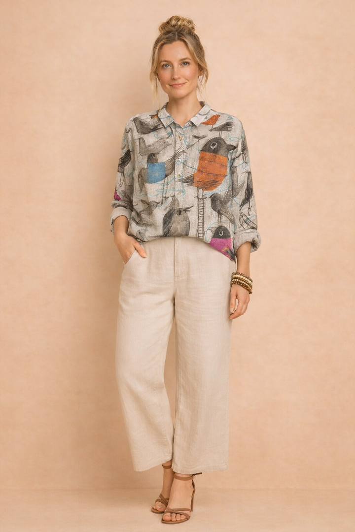 Hannah | Whimsical Bird Print Button-Up Tunic Top